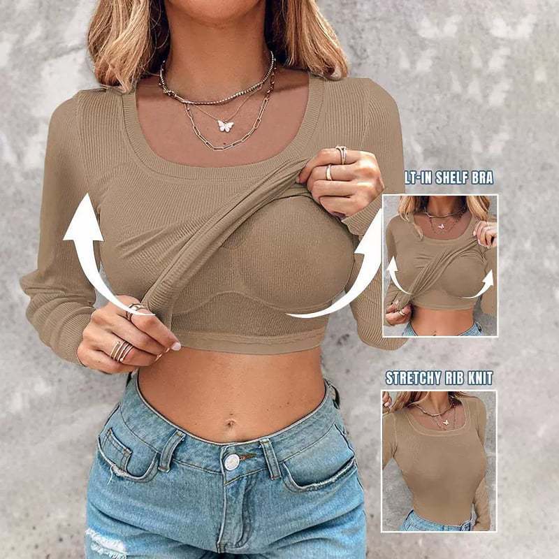⏰Last Day 50% OFF🍂Womens U-Neck Built-in Bra Long Sleeve Ribbed Top Shirts Elegant Skinny Fit Fabric